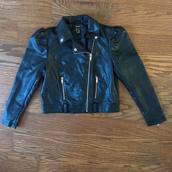 Vegan Leather Puff Sleeve Moto Jacket Forever 21 Women's Size XS Biker Like New - Picture 1 of 15